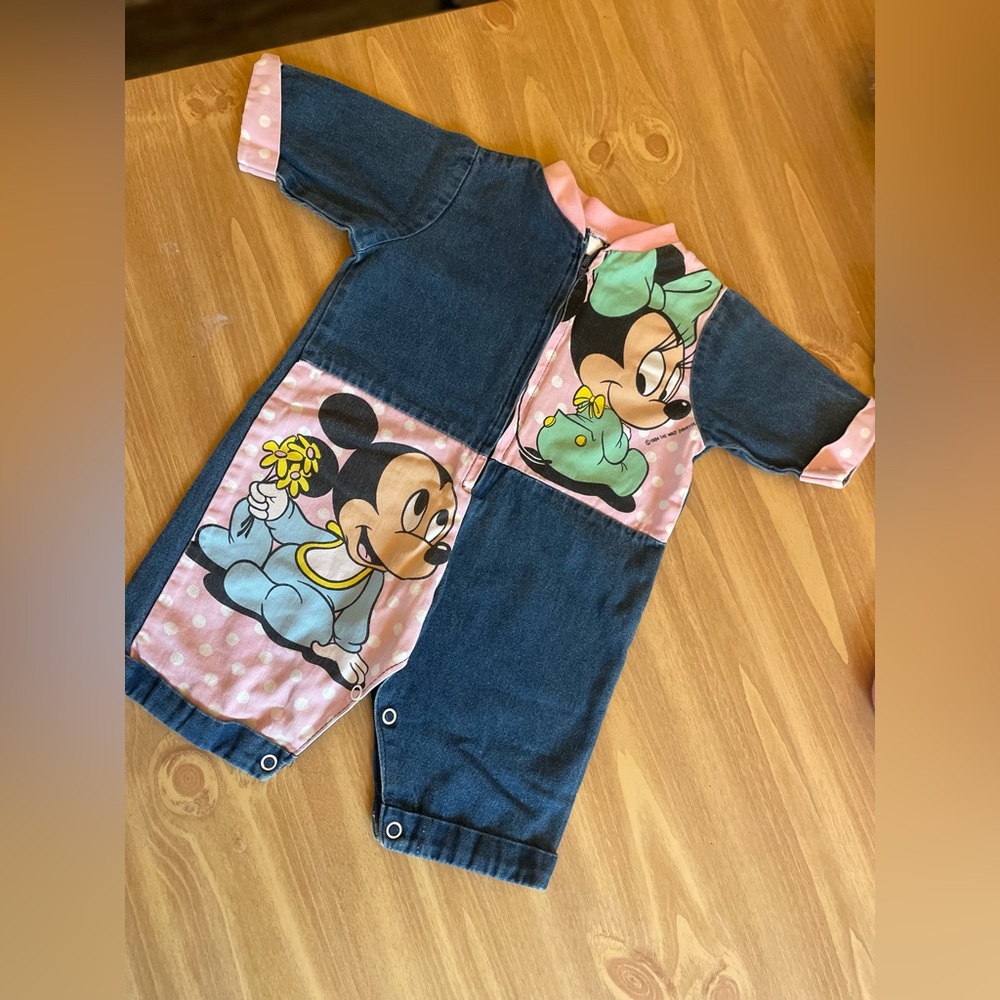 1984 Vintage Walt Disney Baby Minnie and Mickey Denim Jumpsuit